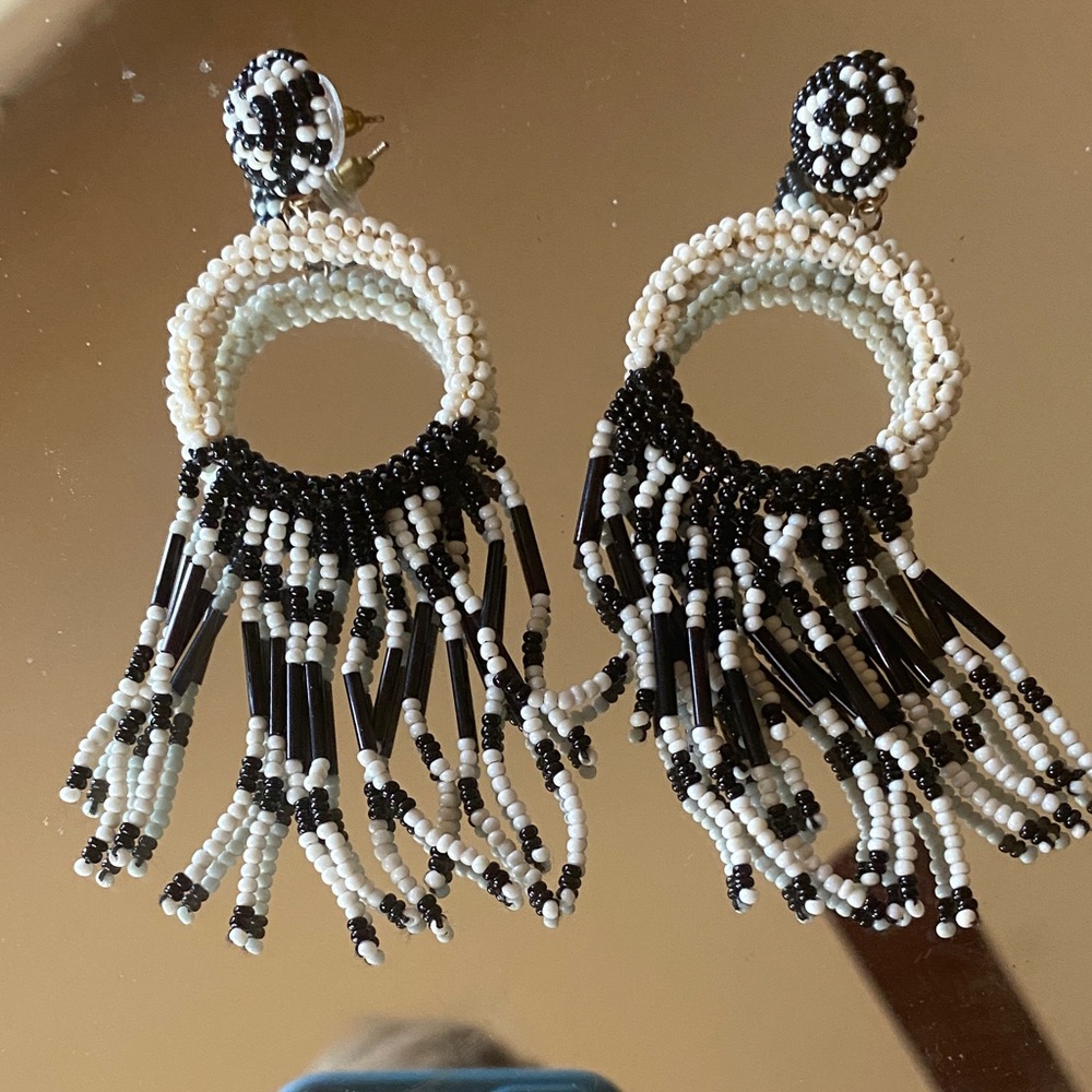 Handcrafted Black and White Beaded Fringe Hoop Earrings